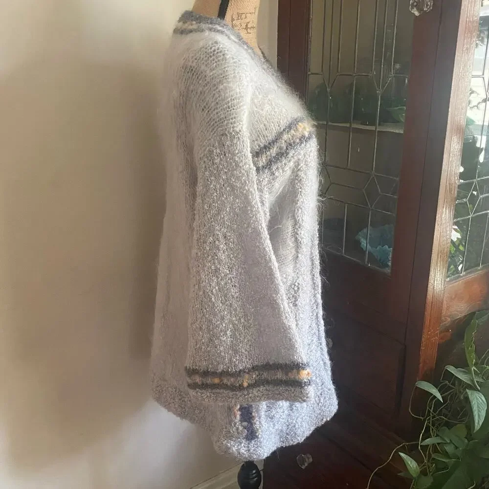 Vintage 70s 80s Handmade Mohair Wool Blend Sweater Fuzzy Knit Tunic Gray Long